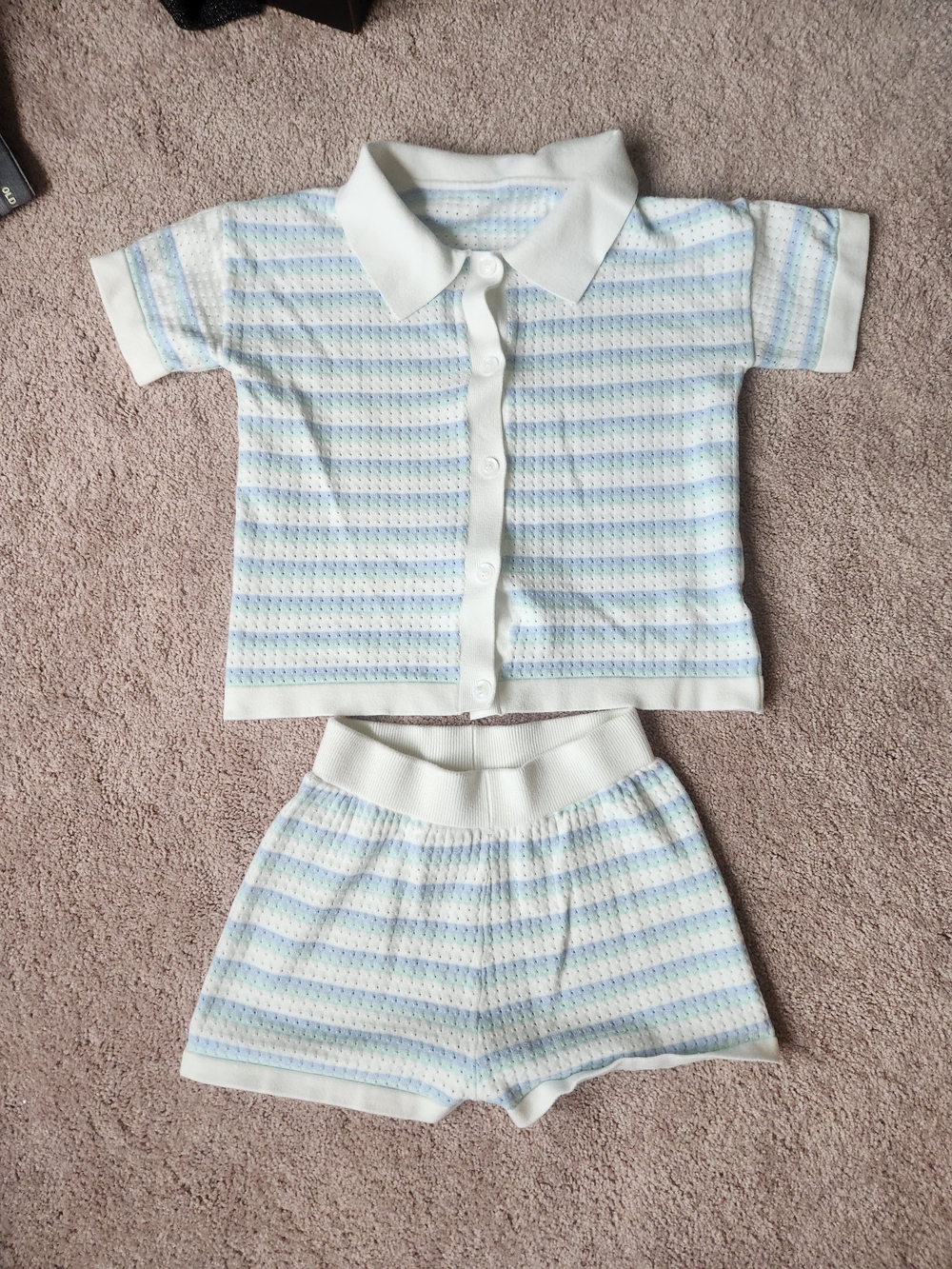 Amazon White Knit Button-Down Top with Pale Blue & Light Yellow Stripes